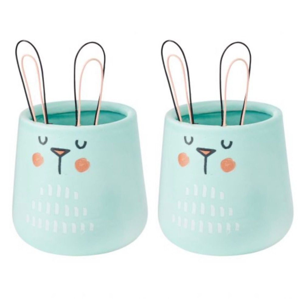Lot of 2 Cute Fun Sunny Bunny Pot Ceramic Small Pot 3.0" x 3.0" x 4.75", Teal